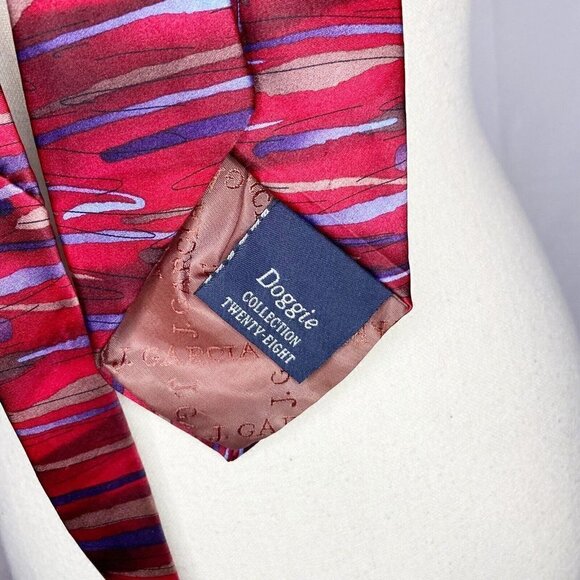J GARCIA Mens Tie Red Brown Blue “DOGGIE” Collection Twenty Eight 58”x3.5” Silk - Picture 4 of 4
